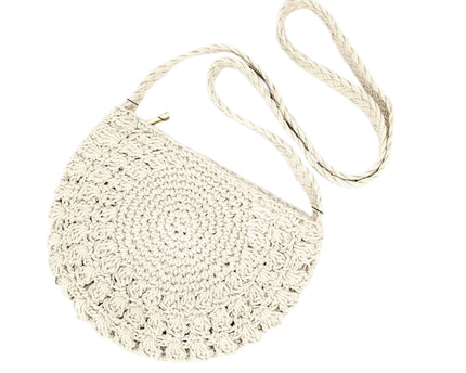 Sac à bandoulière rond en coton crocheté beige – Petit sac bohème fait main avec fermeture zippée pour plage, voyage et quotidien