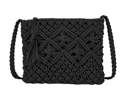 Petit sac à bandoulière noir en paille tissée – Sac bohème fait main avec fermeture éclair pour femme, idéal vacances et plage