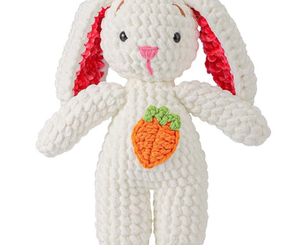 Poupée lapin au crochet fait main – Jouet tricoté 27 cm avec carotte – Décoration et cadeau de soutien émotionnel