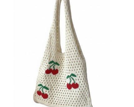Sac fourre-tout en crochet motif fraise – Grand cabas bohème à bandoulière en maille pour femme, disponible en deux tailles