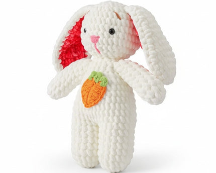 Poupée lapin au crochet fait main – Jouet tricoté 27 cm avec carotte – Décoration et cadeau de soutien émotionnel