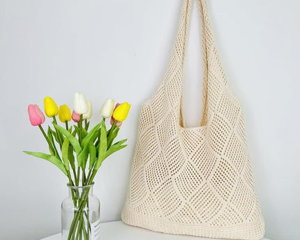 Sac fourre-tout en maille crochet bohème – Grand sac de plage léger et pliable pour femme