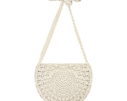 Sac à bandoulière rond en coton crocheté beige – Petit sac bohème fait main avec fermeture zippée pour plage, voyage et quotidien
