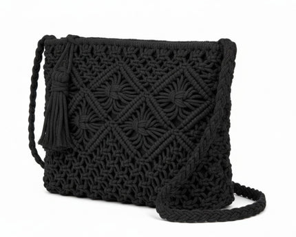 Petit sac à bandoulière noir en paille tissée – Sac bohème fait main avec fermeture éclair pour femme, idéal vacances et plage