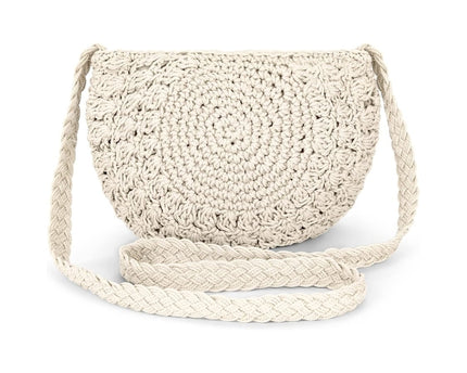 Sac à bandoulière rond en coton crocheté beige – Petit sac bohème fait main avec fermeture zippée pour plage, voyage et quotidien