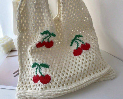 Sac fourre-tout en crochet motif fraise – Grand cabas bohème à bandoulière en maille pour femme, disponible en deux tailles