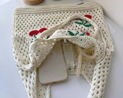Sac fourre-tout en crochet motif fraise – Grand cabas bohème à bandoulière en maille pour femme, disponible en deux tailles
