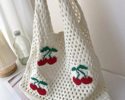 Sac fourre-tout en crochet motif fraise – Grand cabas bohème à bandoulière en maille pour femme, disponible en deux tailles