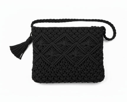 Petit sac à bandoulière noir en paille tissée – Sac bohème fait main avec fermeture éclair pour femme, idéal vacances et plage