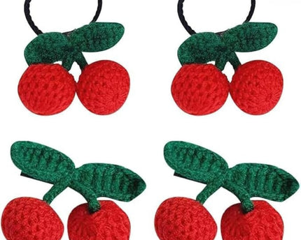 Lot de 4 accessoires cheveux cerise au crochet – Pinces et élastiques décoratifs rouges pour femmes et filles