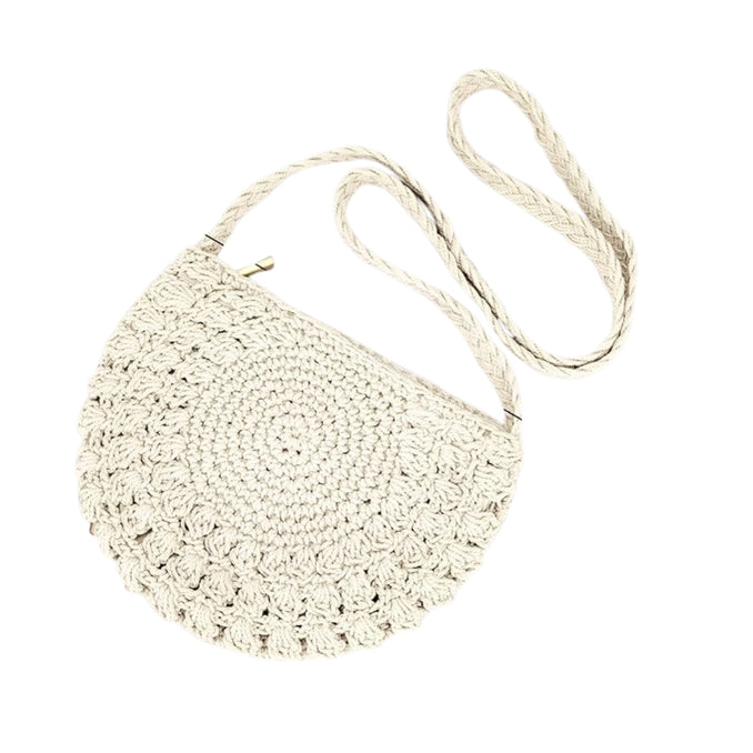 Sac à bandoulière rond en coton crocheté beige – Petit sac bohème fait main avec fermeture zippée pour plage, voyage et quotidien
