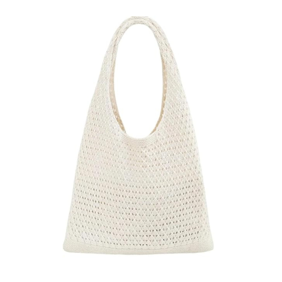 Sac de plage en crochet beige – Grand cabas bohème léger et résistant pour femme