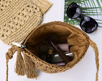Sac en paille bohème fait main avec bandoulière et fermeture zippée