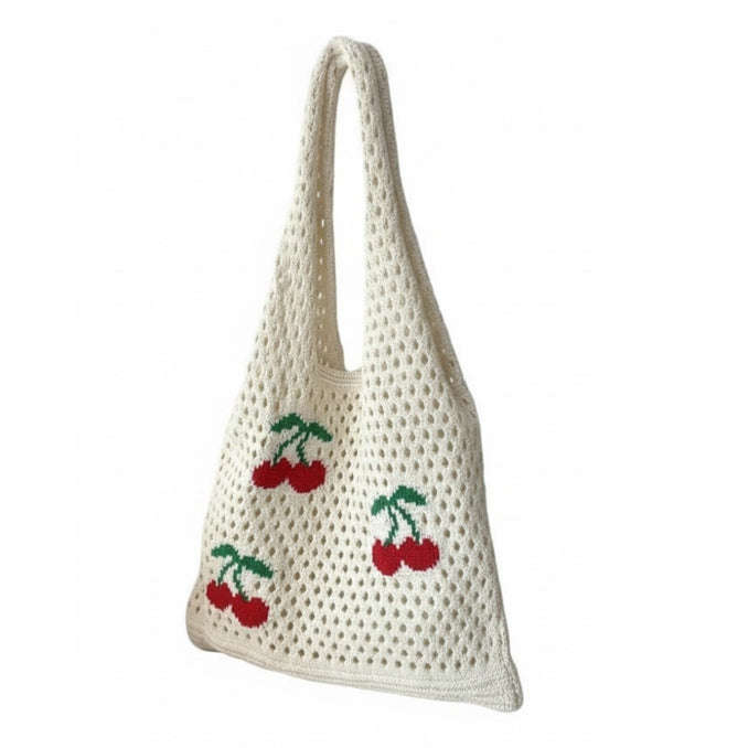 Sac fourre-tout en crochet motif fraise – Grand cabas bohème à bandoulière en maille pour femme, disponible en deux tailles
