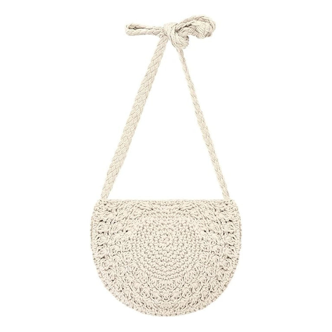 Sac à bandoulière rond en coton crocheté beige – Petit sac bohème fait main avec fermeture zippée pour plage, voyage et quotidien