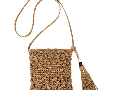 Sac en paille bohème fait main avec bandoulière et fermeture zippée