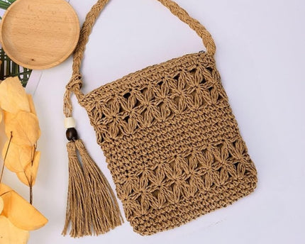 Sac en paille bohème fait main avec bandoulière et fermeture zippée