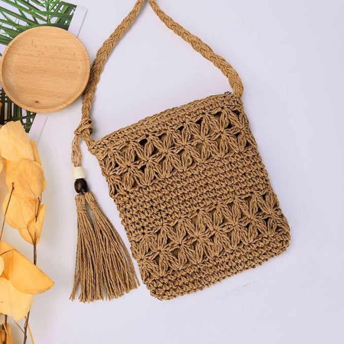 Sac en paille bohème fait main avec bandoulière et fermeture zippée