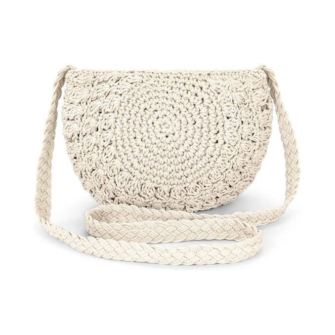 Sac à bandoulière rond en coton crocheté beige – Petit sac bohème fait main avec fermeture zippée pour plage, voyage et quotidien