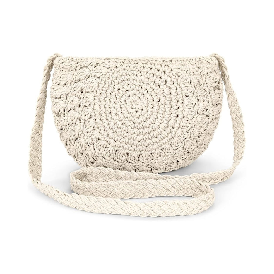Sac à bandoulière rond en coton crocheté beige – Petit sac bohème fait main avec fermeture zippée pour plage, voyage et quotidien
