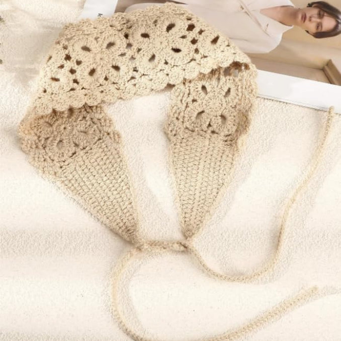 Bandeau bohème en coton tricoté crème – Accessoire de cheveux extensible et confortable pour femme