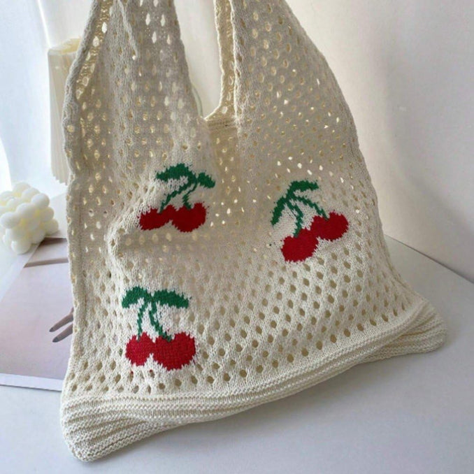 Sac fourre-tout en crochet motif fraise – Grand cabas bohème à bandoulière en maille pour femme, disponible en deux tailles