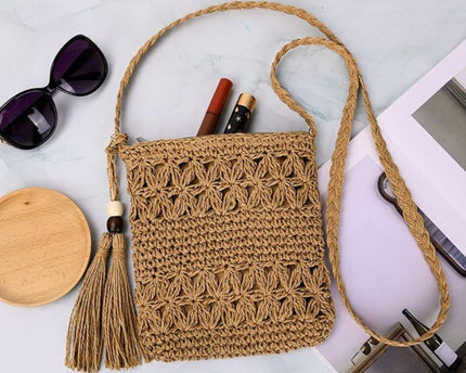 Sac en paille bohème fait main avec bandoulière et fermeture zippée