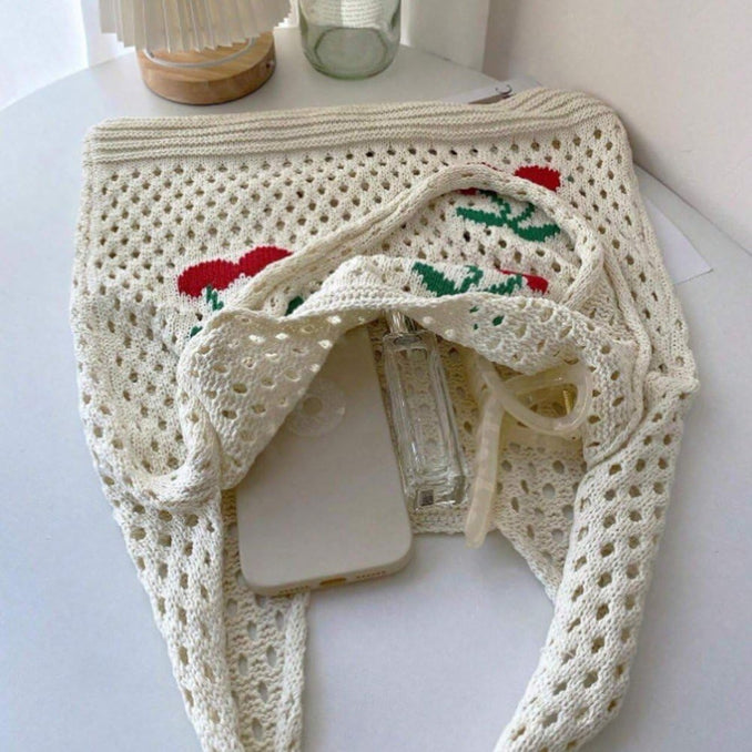 Sac fourre-tout en crochet motif fraise – Grand cabas bohème à bandoulière en maille pour femme, disponible en deux tailles