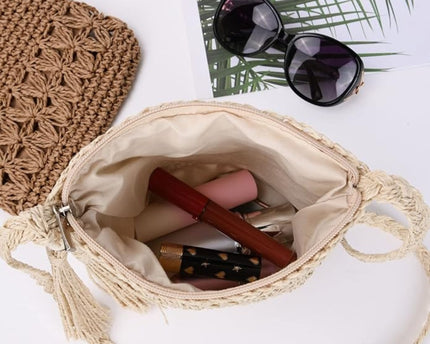Sac en paille bohème fait main avec bandoulière et fermeture zippée