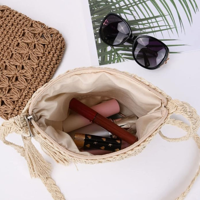 Sac en paille bohème fait main avec bandoulière et fermeture zippée