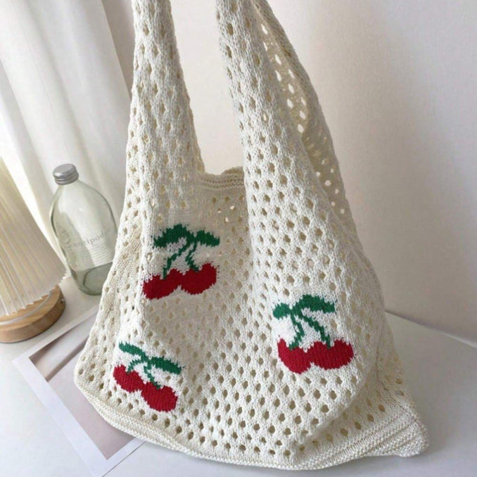 Sac fourre-tout en crochet motif fraise – Grand cabas bohème à bandoulière en maille pour femme, disponible en deux tailles