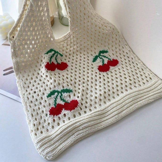 Sac fourre-tout en crochet motif fraise – Grand cabas bohème à bandoulière en maille pour femme, disponible en deux tailles