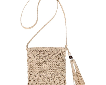 Sac en paille bohème fait main avec bandoulière et fermeture zippée
