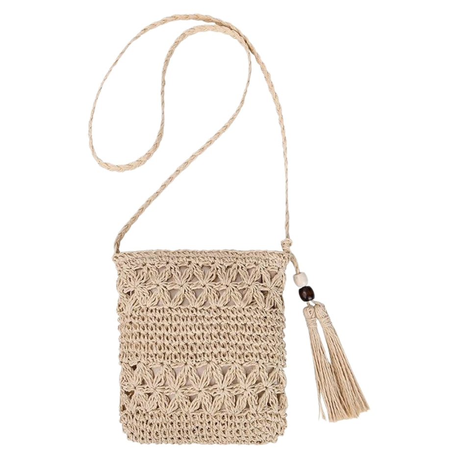 Sac en paille bohème fait main avec bandoulière et fermeture zippée