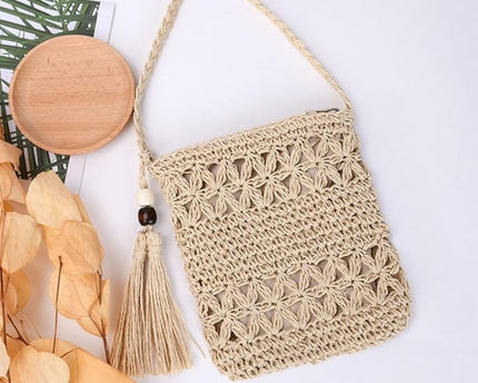 Sac en paille bohème fait main avec bandoulière et fermeture zippée