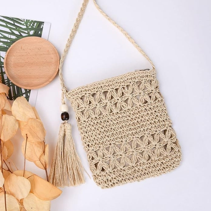 Sac en paille bohème fait main avec bandoulière et fermeture zippée
