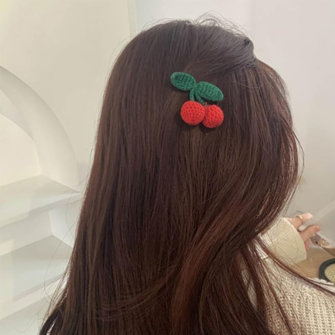 Lot de 4 accessoires cheveux cerise au crochet – Pinces et élastiques décoratifs rouges pour femmes et filles