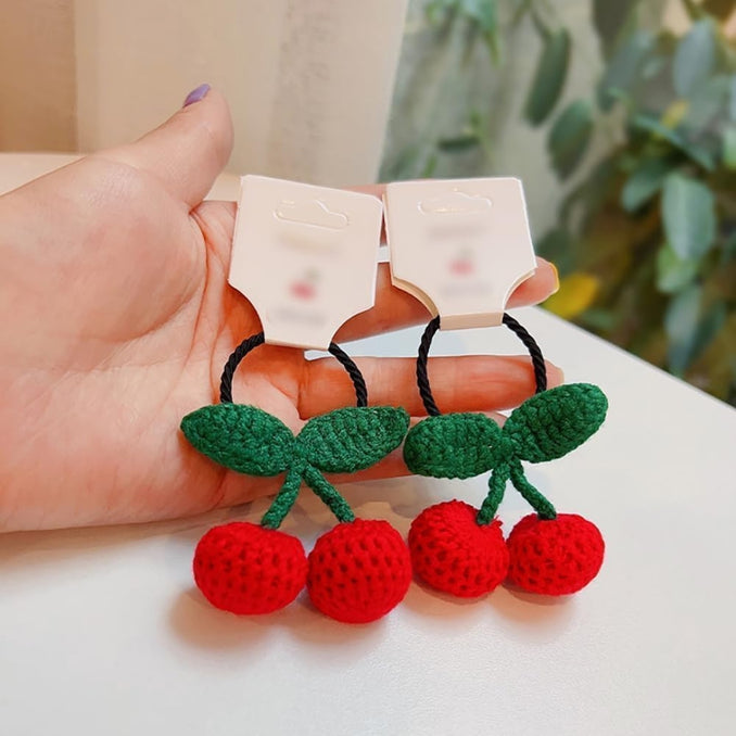 Lot de 4 accessoires cheveux cerise au crochet – Pinces et élastiques décoratifs rouges pour femmes et filles