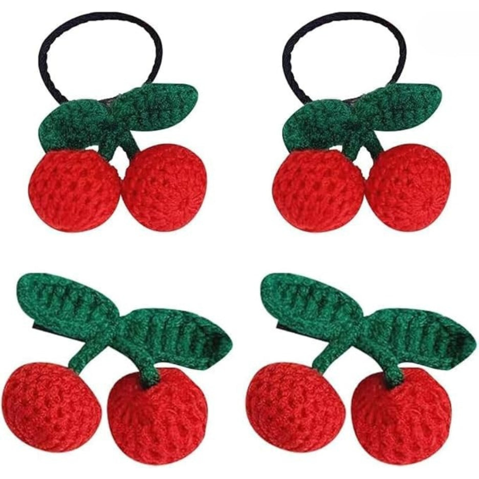 Lot de 4 accessoires cheveux cerise au crochet – Pinces et élastiques décoratifs rouges pour femmes et filles